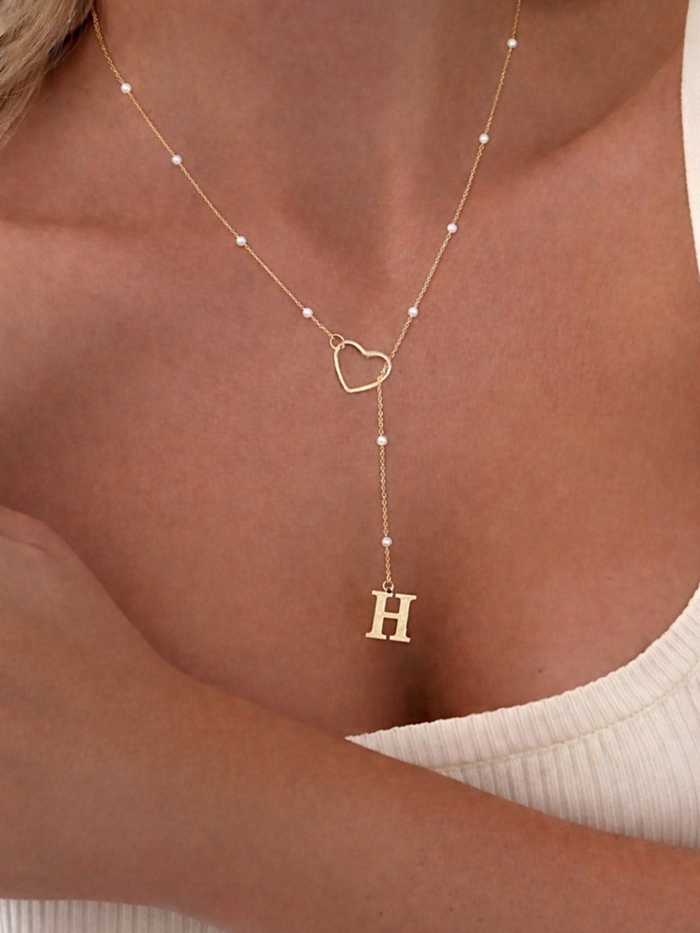Initial H Heart Y Necklace | Pearl Beaded Lariat Minimalist Jewelry